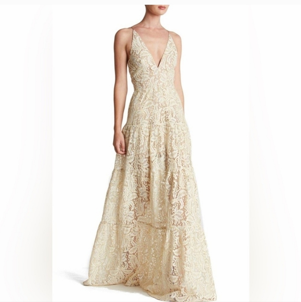NWT Dress the Population X Lulu's Melina lace gold embroidery gown